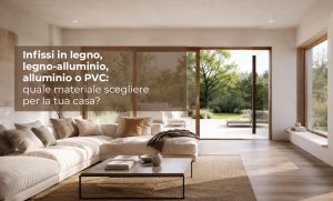 Hero emozionale di soggiorno contemporaneo con grandi serramenti in legno De Ninis aperti sul giardino, luce naturale e ampie superfici vetrate