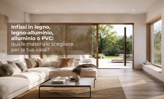 Hero emozionale di soggiorno contemporaneo con grandi serramenti in legno De Ninis aperti sul giardino, luce naturale e ampie superfici vetrate